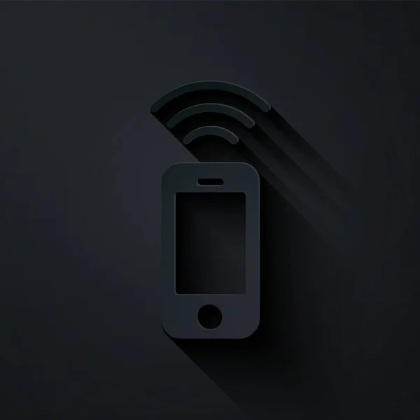 Carta tagliata icona smartphone wireless isolato su sfondo nero. Stile cartaceo. Vettore — Vettoriale Stock