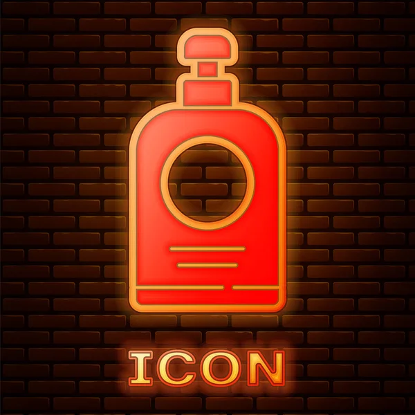 Leuchtende neon Handdesinfektionsflasche Symbol isoliert auf Backsteinwand Hintergrund. Desinfektionskonzept. Waschgel. Alkoholflasche zur Hygiene. Vektorillustration — Stockvektor