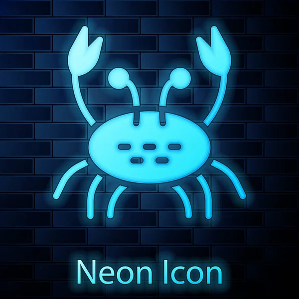 Glowing neon Crab icon isolated on brick wall background. Vector — Stock Vector