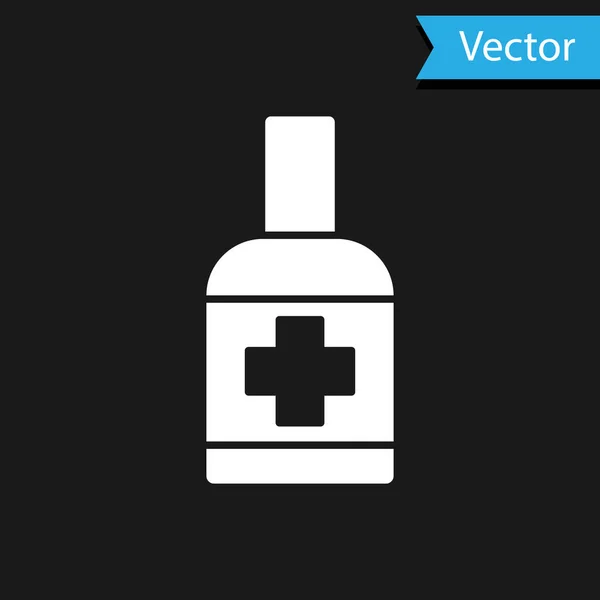 Garrafa branca de sabão antibacteriano líquido com ícone de dispensador isolado em fundo preto. Anti-séptico. Desinfecção, higiene, cuidados com a pele. Vetor. — Vetor de Stock