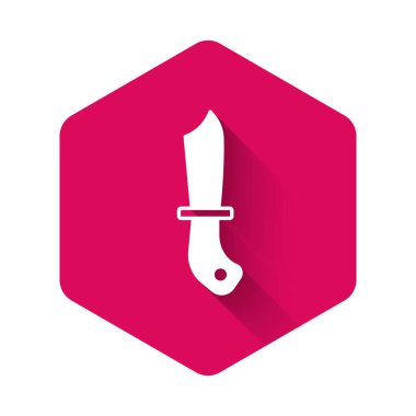 Uzun gölgeli beyaz askeri bıçak ikonu. Pembe altıgen düğmesi. Vektör