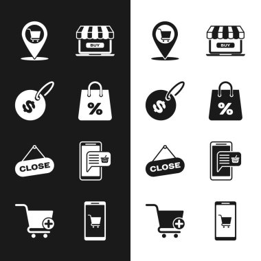 Yüzde ile alışveriş torbası, fiyat etiketi dolar, konum alışveriş arabası, Çevrimiçi, Asılma tabelası Close, mobil ve sepet ve simgeye ekle. Vektör