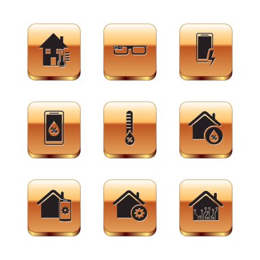 Ev sıcaklığını ayarlayın, Akıllı ev uzaktan kumandası, ayarlar, nem, akıllı, mobil şarj pili ve gözlük simgesi için. Vektör