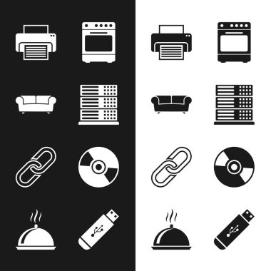Sunucu, Data, Web Sunucu, Sofa, Yazıcı, Fırın, Zincir bağlantısı ve CD veya DVD disk simgesini ayarla. Vektör
