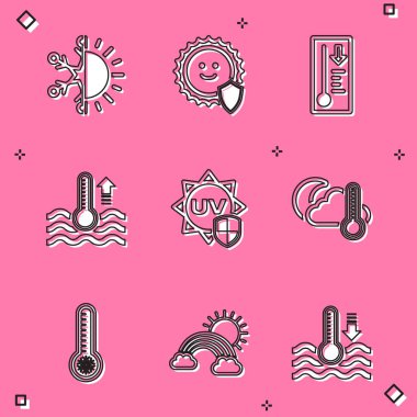 Güneş ve kar tanesi, UV koruması, Meteoroloji termometresi, su, termometre bulutu, ay ve gökkuşağı bulutları güneş ikonu. Vektör