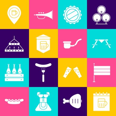 Aziz Patrick Günü takvimi, Ulusal Almanya bayrağı, banklı piknik masası, şişe kapağı, tabela bardak bira, devasa çelik avize, alkol veya bar konumu ve tüten pipo ikonu. Vektör