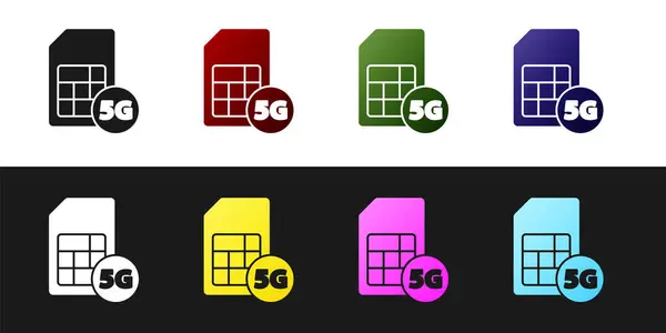 Встановіть піктограму 5G Sim Card ізольовано на чорно-білому тлі. Мобільні та бездротові технології зв'язку. Електронне з'єднання мережевого чипа. Векторні — стоковий вектор