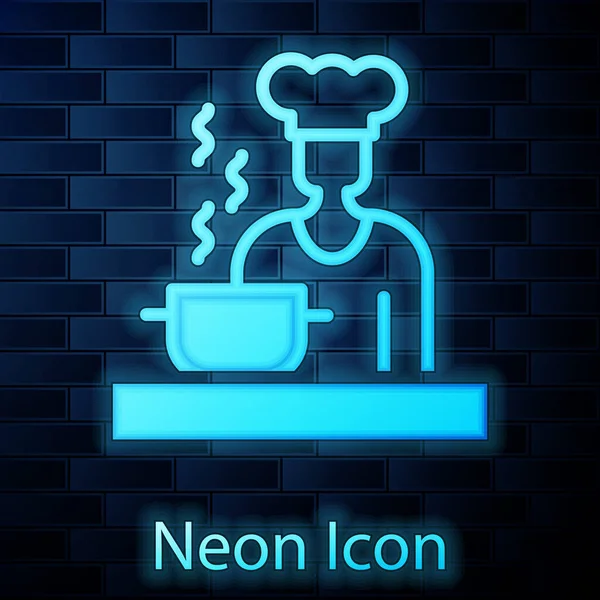 Gloeiende neon Spaanse kok pictogram geïsoleerd op bakstenen muur achtergrond. Vector — Stockvector