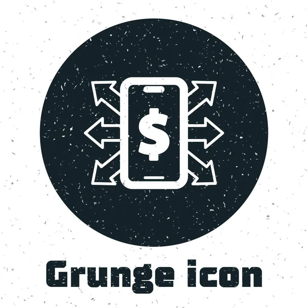 Grunge Smartphone con símbolo de dólar icono aislado sobre fondo blanco. Concepto de compras online. Icono financiero del teléfono móvil. Pago en línea. Dibujo vintage monocromo. Vector — Vector de stock