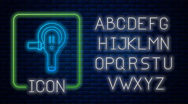 Ícone de moedor de ângulo de néon brilhante isolado no fundo da parede de tijolo. Alfabeto claro de néon. Vetor — Vetor de Stock