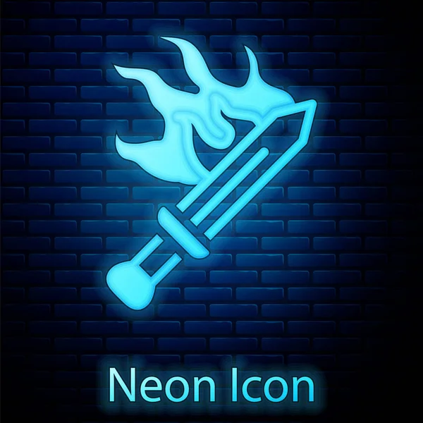 Glowing neon Sword for game icon isolated on brick wall background. Vector — Stock Vector