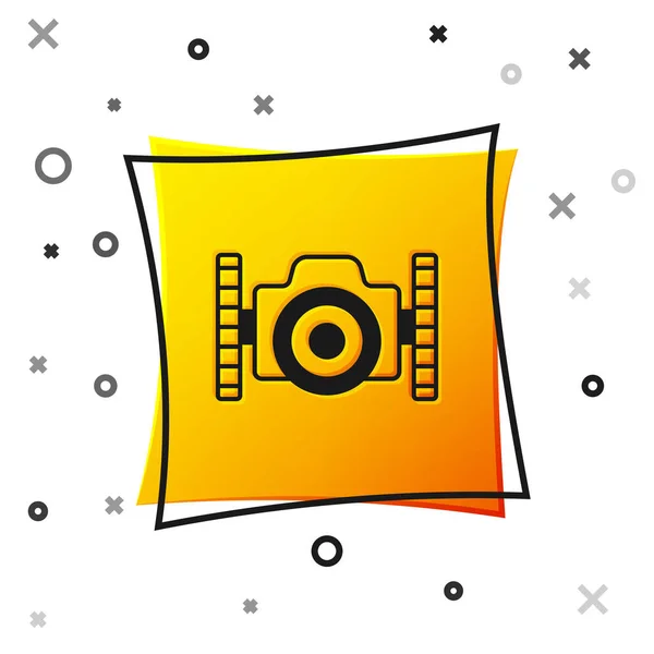 Schwarze Fotokamera für Tauchersymbol isoliert auf weißem Hintergrund. Ikone der Fotokamera. Tauchausrüstung. Gelber quadratischer Knopf. Vektor — Stockvektor