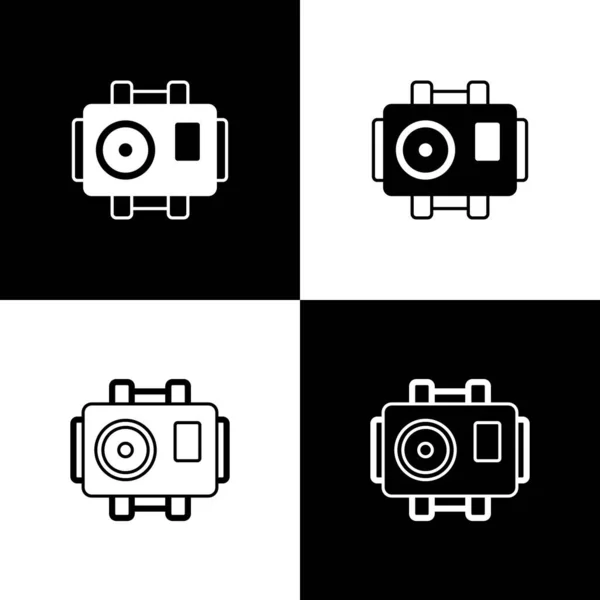 Set Cámara de fotos para el icono del buzo aislado sobre fondo blanco y negro. Icono de cámara fotográfica. Equipo submarino de buceo. Vector — Vector de stock