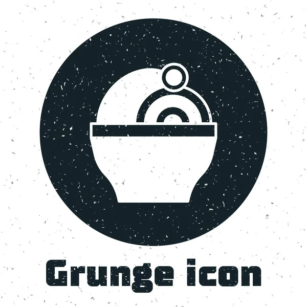 Cuenco de sopa Grunge Ramen con icono de fideos aislado sobre fondo blanco. Cuenco de sopa tradicional de fideos asiáticos. Dibujo vintage monocromo. Vector — Vector de stock