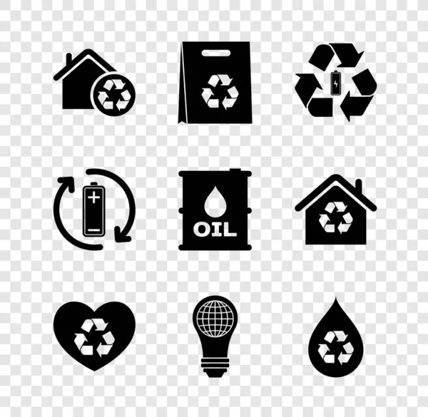 リサイクル、ショッピングバッグリサイクル、バッテリー、フレンドリーな心、電球の世界、リサイクルきれいなアクア、オイルバレルアイコンでエコハウスを設定します。ベクトル — ストックベクタ