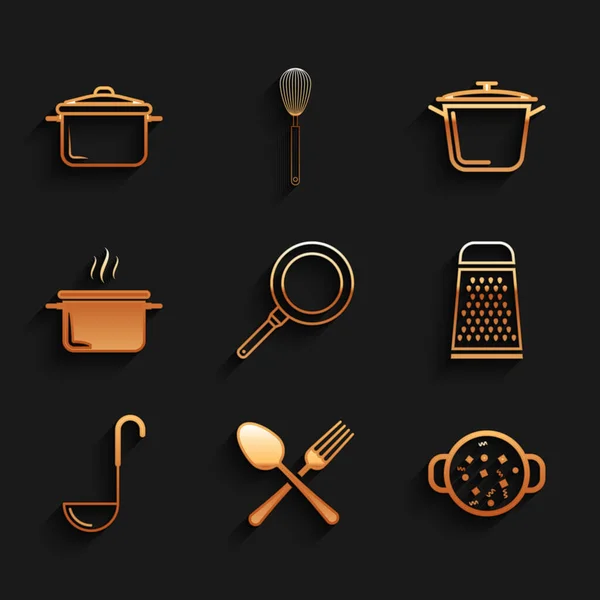 Set Frying pan, Crossed fork and spoon, Cooking soup pot, Grater, Kitchen ladle, and icon. Vector — Stock Vector