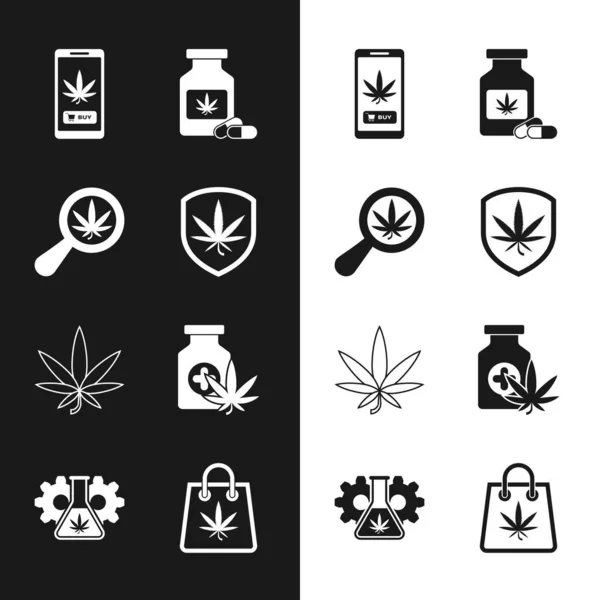 Set Shield och marijuana, förstoringsglas, Onlineköp, Medicinsk flaska med, Marijuana eller cannabis blad, Shopping väska och provrör ikon. Vektor — Stock vektor