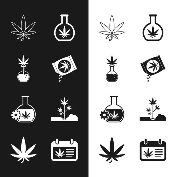 Sätt marijuana eller cannabis frön, provrör med marijuana, blad, plantering, kalender och ikon. Vektor — Stock vektor