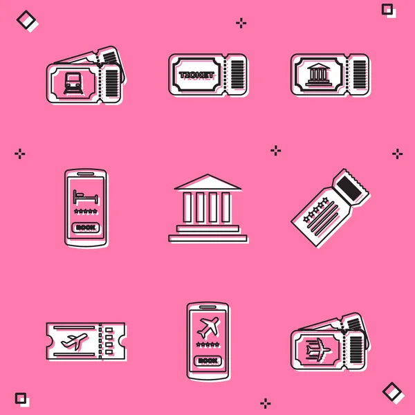 Set Train ticket, Ticket, Museum, Online hotel booking, building, Airline and Mobile with icon. Vector — Stock Vector