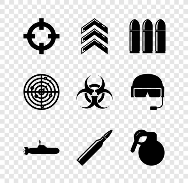 Definir esporte alvo, posto militar, bala, submarino, granada de mão, radar com alvos e ícone de símbolo de risco biológico. Vetor — Vetor de Stock
