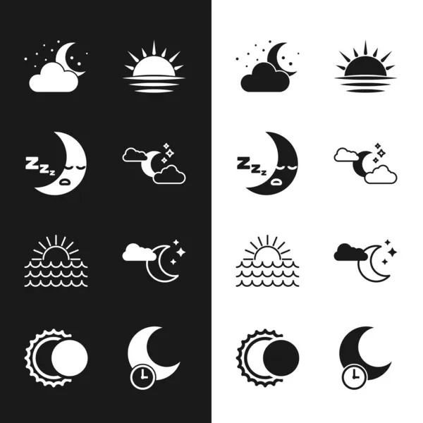 Definir nuvem com lua e estrelas, ícone da lua, pôr do sol, sono e Eclipse do ícone do sol. Vetor — Vetor de Stock