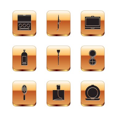 Set Eye shadow palette, Hairbrush, Perfume, Makeup, Bottle of shampoo, powder with mirror, and Curling iron icon. Vector