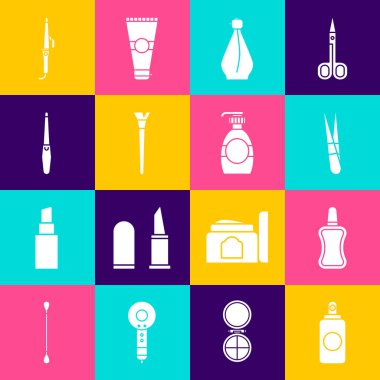 Set Spray can, Nail polish bottle, Eyebrow tweezers, Perfume, Makeup brush, file, Curling iron and Bottle of liquid soap icon. Vector