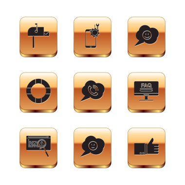 Set Open mail box, System bug concept, Speech bubble with angry smile, phone call, Lifebuoy, face, Hand thumb up and Mobile service icon. Vector