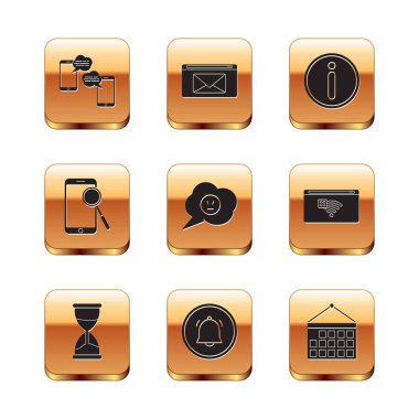 Set Chat messages on mobile, Hourglass, Button chat notification, Speech bubble with angry smile, Mobile phone diagnostics, Information, Calendar and Mail and e-mail icon. Vector