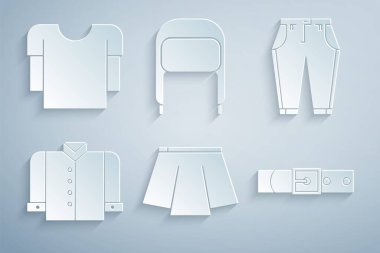 Set Skirt, Pants, T-shirt, Leather belt, Winter hat with ear flaps and Long sleeve icon. Vector