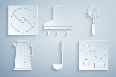 Set Kitchen ladle, Pizza knife, Kettle with handle, Electric stove, extractor fan and Ventilation icon. Vector