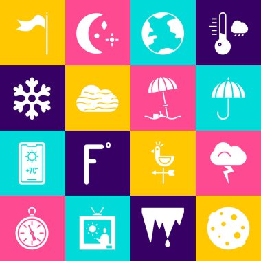 Set Moon, Storm, Umbrella, Earth globe, Fog and cloud, Snowflake, Meteorology windsock wind vane and Sun protective umbrella for beach icon. Vector