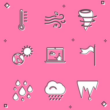 Set Meteorology thermometer, Wind, Tornado, Earth globe and sun, Weather forecast, windsock wind vane, Water drop and Cloud with rain icon. Vector