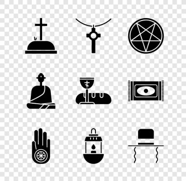 Set Tombstone with cross, Christian chain, Pentagram circle, Jainism or Jain Dharma, Ramadan Kareem lantern, Orthodox jewish hat sidelocks, Buddhist monk and First communion symbols icon. Vector