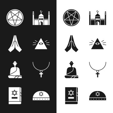 Set Masons, Hands in praying position, Pentagram circle, Muslim Mosque, Buddhist monk, Christian cross chain, Jewish kippah with star of david and torah book icon. Vector