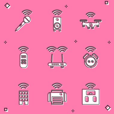 Set Wireless microphone, Smart stereo speaker, drone, remote control, Router and wi-fi signal, Robot vacuum cleaner, home with wireless and printer icon. Vector