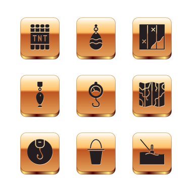 Set Detonate dynamite bomb stick, Fishing hook, bucket, Spring scale, spoon, Folded map, float water and icon. Vector