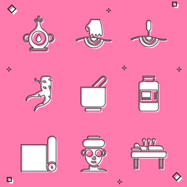 Set Oil bottle, Massage, Acupuncture therapy, Ginger root, Mortar and pestle, Collagen serum, Fitness mat roll and Facial cosmetic mask icon. Vector