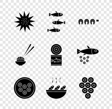 Set Sea urchin, Fishes, Grilled fish steak, Caviar on plate, soup, Sushi and Canned icon. Vector