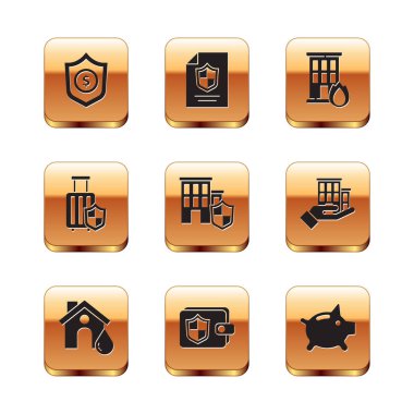 Kalkanı dolarla, ev baskınıyla, cüzdan kalkanıyla, seyahat çantasıyla, yanan evde yangınla, domuz kumbarasıyla ve sözleşme ikonuyla ayarla. Vektör