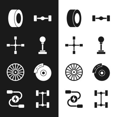 Vites ayarlayıcısı, İngiliz anahtarı, araba lastiği, Chassis arabası, alloy tekerleği, kalibre fren diski ve batarya şarj güç kablosu ikonu. Vektör