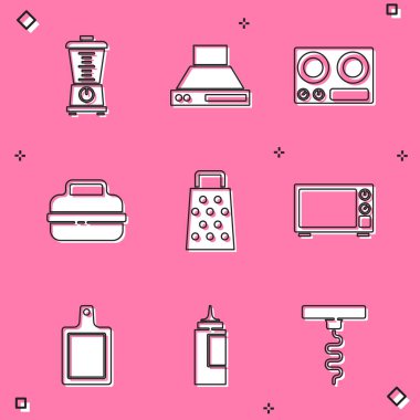 Blender, mutfak vantilatörü, gaz ocağı, tencere, Grater, mikrodalga fırın, kesme tahtası ve sos şişesi ikonu. Vektör