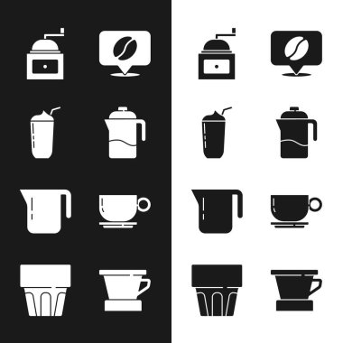 Fransız presi, milkshake, manuel kahve öğütücüsü, fasulyeli konum, kahve demliği, fincan, V60 makinası ve cam su ikonu. Vektör