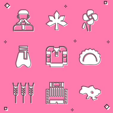 Set Ukrayna Kazağı, Kestane yaprağı, gelincik çiçeği, Kazak pantolonu, nakışlı gömlek, hamur köftesi, buğday ve Ukrayna Oteli ikonu. Vektör