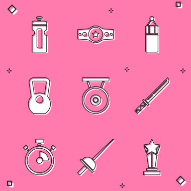 Fitness sallayıcısı, boks kemeri, kum torbası, kettlebell, gong, Japon katanası, Kronometre ve eskrim ikonu. Vektör