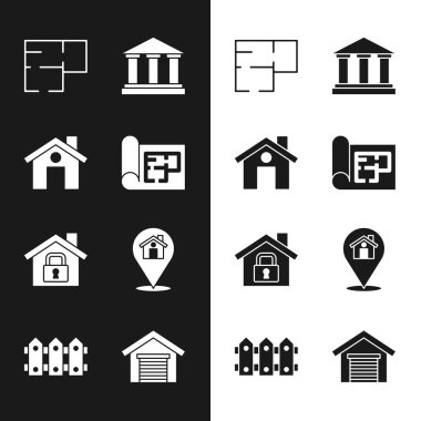 Ev planı, müze binası, koruma altında, konumu ev, garaj ve bahçe çitleri olan ahşap ikon. Vektör