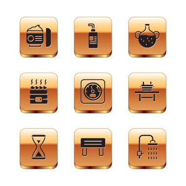 Krem veya losyon kozmetik tüpü, sauna kum saati, ahşap bank, termometre, sıcak sauna taşları, temel yağ şişesi, duş ve ikon. Vektör