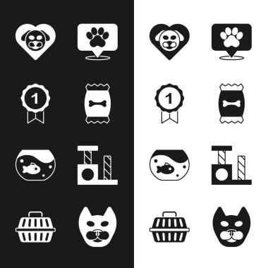 Evcil hayvan için yiyecek çantası, köpek ödülü sembolü, köpekli kalp, veteriner hastanesi, akvaryum balığı, kedi tırmalama direği ve evcil hayvan çantası ikonu. Vektör