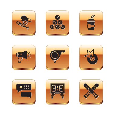 Beyzbol sopasını topla, şapkayla, konuşma balonu sohbet beyzboluyla, mekanik skorbordla, Whistle 'la, megafonla, kağıt cam suyla, çapraz ve ikonla ayarla. Vektör