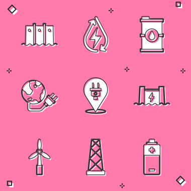 Hidroelektrik barajı, su enerjisi, biyoyakıt varili, küresel güç gezegeni, elektrik prizi, rüzgar türbini ve anten ikonu ayarlayın. Vektör